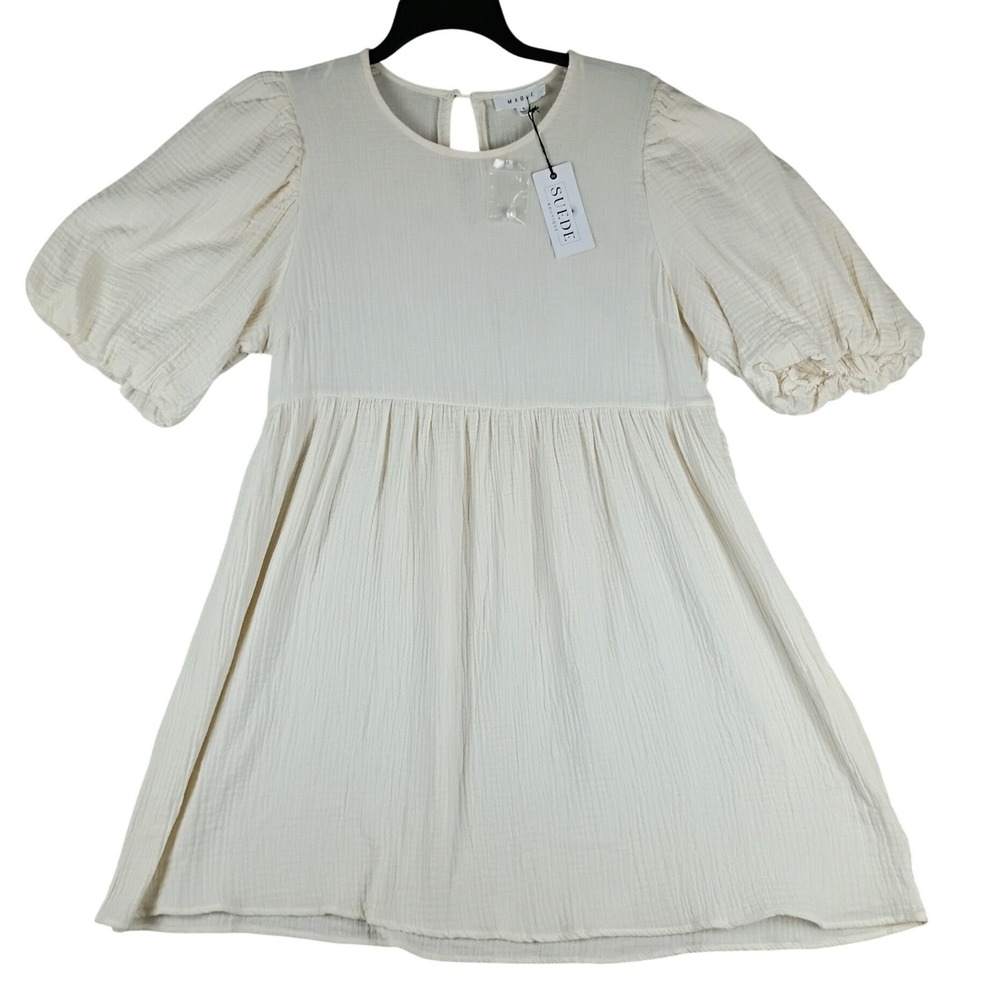 MABLE Gauze Puff Sleeve Babydoll Dress Women Large Cream NWT MD2746B Cotton